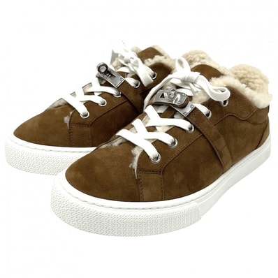 HERMES エルメス スニーカー ケリーバックル デイ ファッションアイテム シューズ 靴 36サイズ 約23cm スウェード ムートン ラバー ブラウン 茶 アイボリー シルバー金具 レディース 美品【中古品】