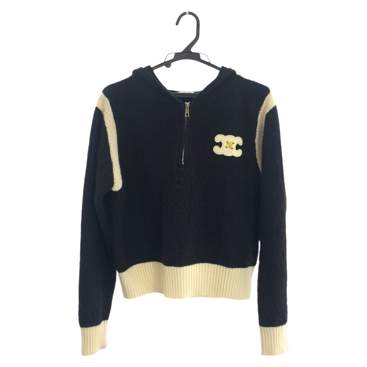 美品 CELINE セリーヌ フーディー サイズM 国内未発売 ブラック ホワイト ゴールド金具 シルバー金具 ウール セーター ニット 長袖 601260 【中古】