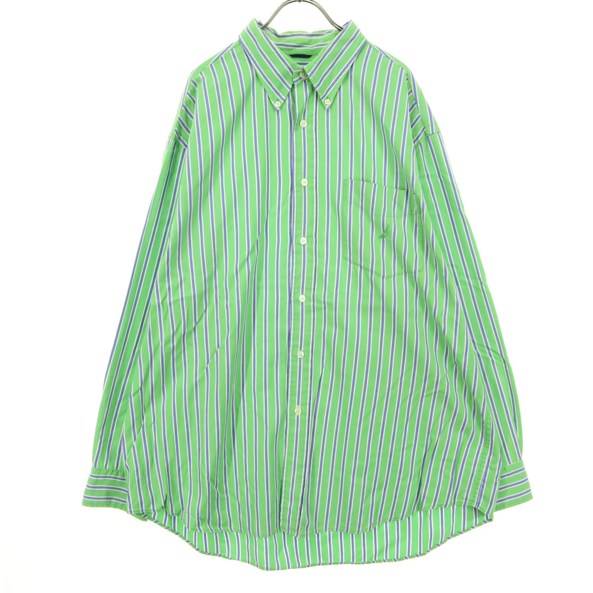 美品 NAUTICA ノーティカ コットン ストライプ柄 長袖 ボタンダウンシャツ XL グリーン