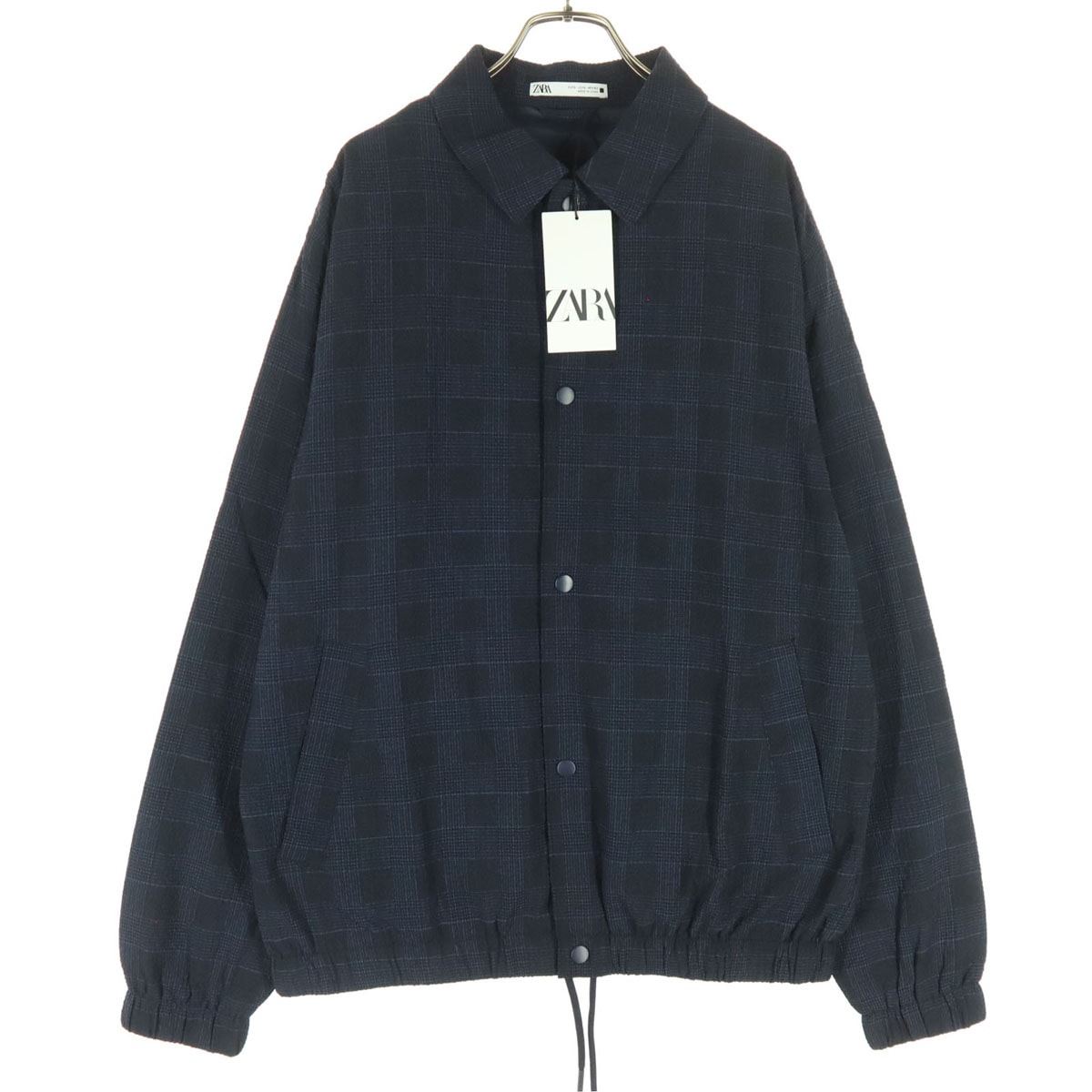 未使用 ZARA ザラ チェック柄 バイカラー 長袖 シアサッカー ボタンアップ ブルゾン L ネイビー