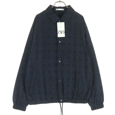 未使用 ZARA ザラ チェック柄 バイカラー 長袖 シアサッカー ボタンアップ ブルゾン L ネイビー