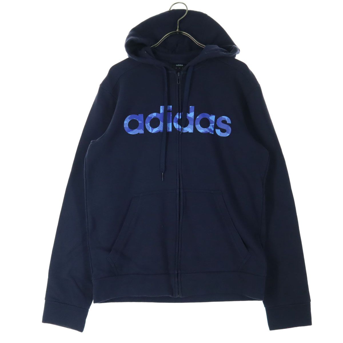 美品 adidas アディダス ロゴプリント 長袖 ジップパーカー M ブラック