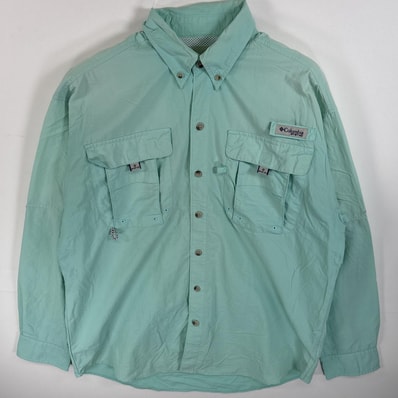 古着 コロンビア Columbia 長袖シャツ ボタンダウンシャツ ワンポイント ロゴ PFG 不明 ブルー系 無地 メンズ