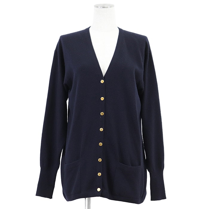 HERMES エルメス ヴィンテージ ニットカーディガン レディース サイズ M シグネチャー ロゴ セリエゴールドボタン クルードセル カシミヤ100% ロングスリーブ 長袖 トップス ネイビー 紺 スコットランド製