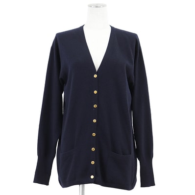 HERMES エルメス ヴィンテージ ニットカーディガン レディース サイズ M シグネチャー ロゴ セリエゴールドボタン クルードセル カシミヤ100% ロングスリーブ 長袖 トップス ネイビー 紺 スコットランド製