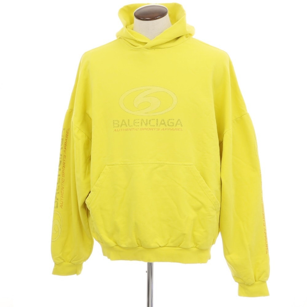 【中古】バレンシアガ BALENCIAGA ダメージ加工 コットン プルオーバー パーカー ライムイエロー【サイズ3】【メンズ】