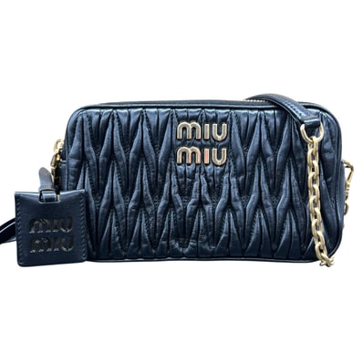 MIUMIU 希少 極美品 ミュウミュウ マテラッセ ギャザー 2way ショルダーバッグ クラッチバッグ 5BP045 RFID確認済 レザー ブラック ビッグロゴ クロスボディ ポシェット ビジュー miumiu Aランク 中古 鑑定済 ミュウミュウバッグ