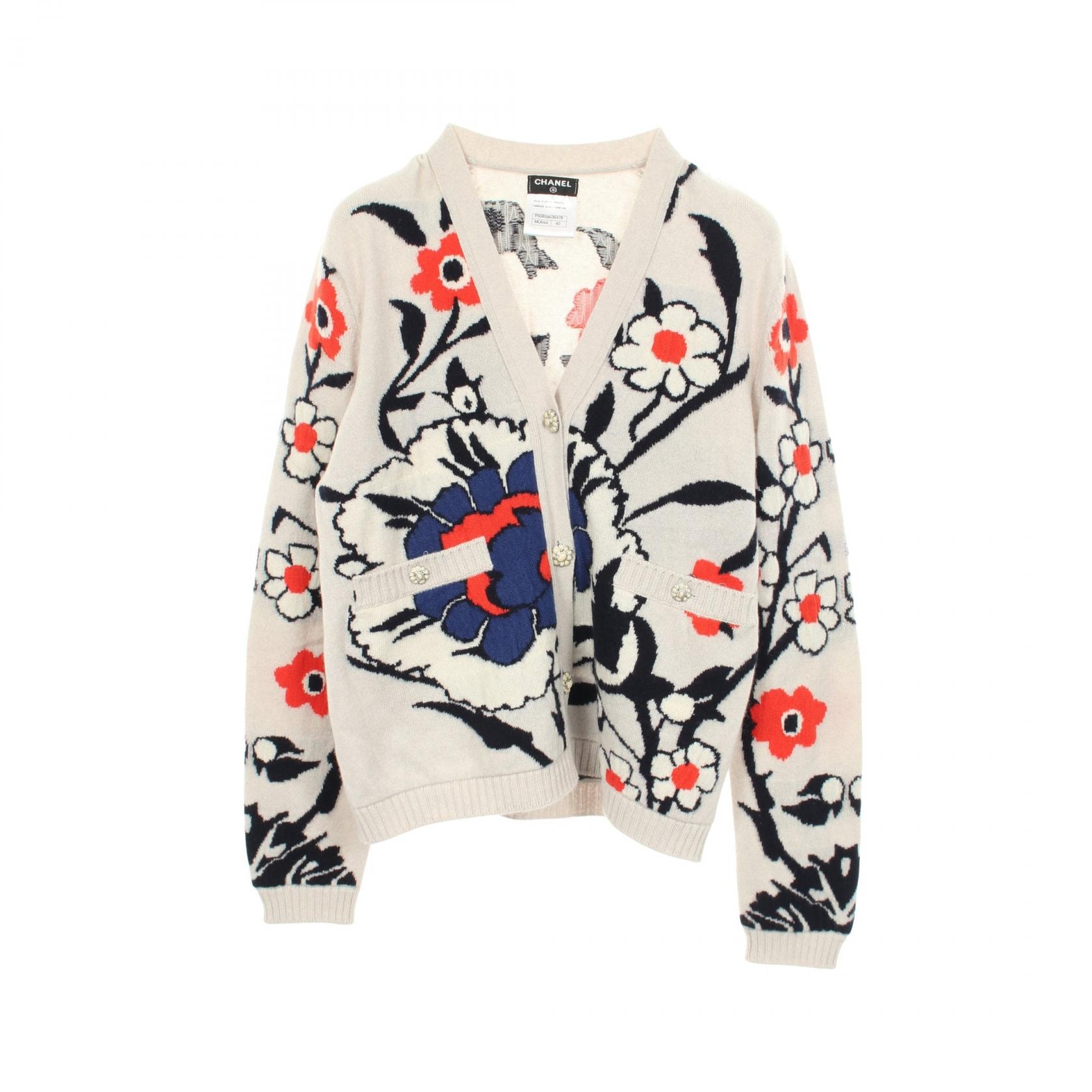 シャネル CHANEL 花柄 Vネック カーディガン 衣料品 トップス カシミヤ レディース グレー系 / マルチカラー 【中古】