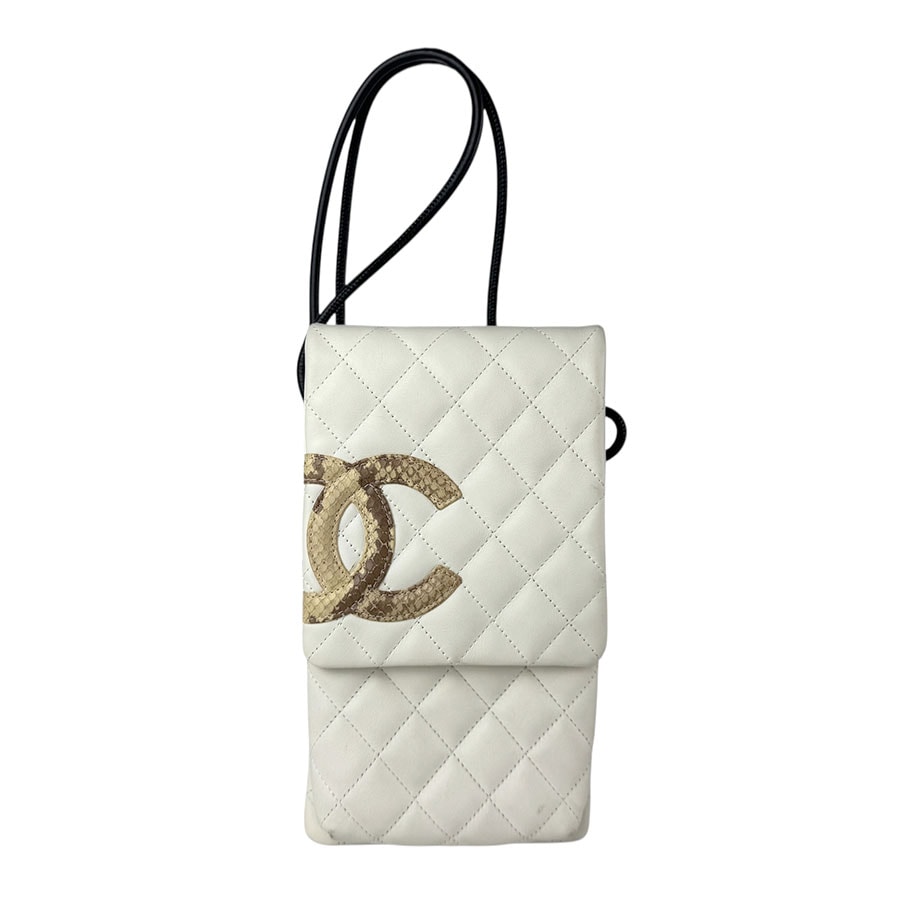 シャネル CHANEL ショルダーバッグ カンボンライン レザー/パイソン ホワイト×ベージュ レディース【中古】 z7354