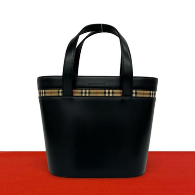BURBERRY バーバリー ロゴ ノバチェック 柄 レザー キャンバス ハンドバッグ ブラック
b50-2