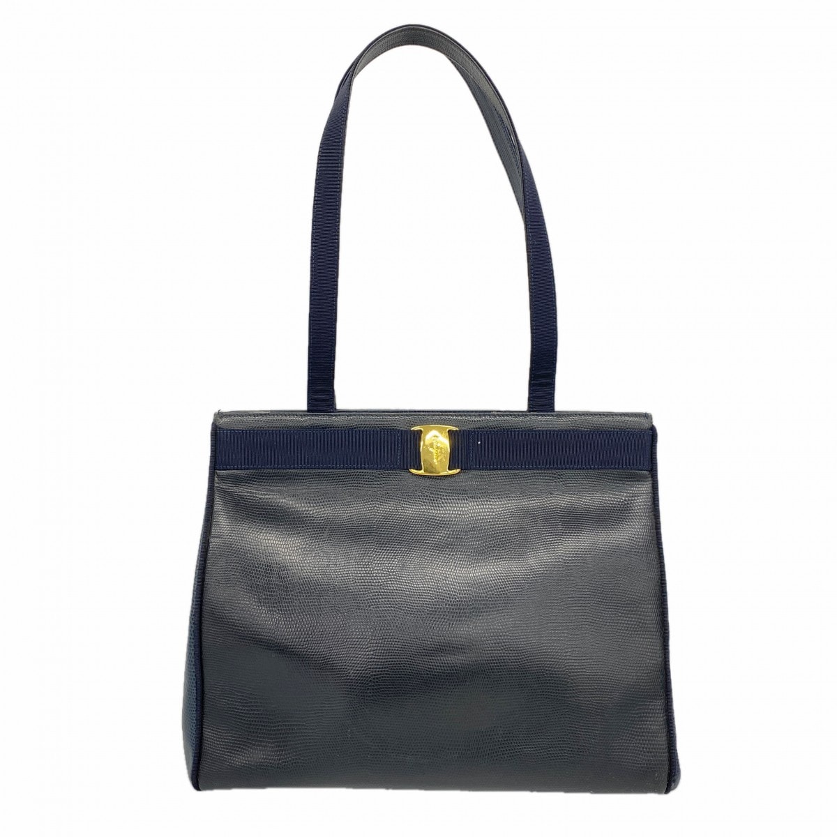 【6dc3277】サルヴァトーレフェラガモ トートバッグ ヴァラ レザー ネイビー ゴールド金具【中古】レディース