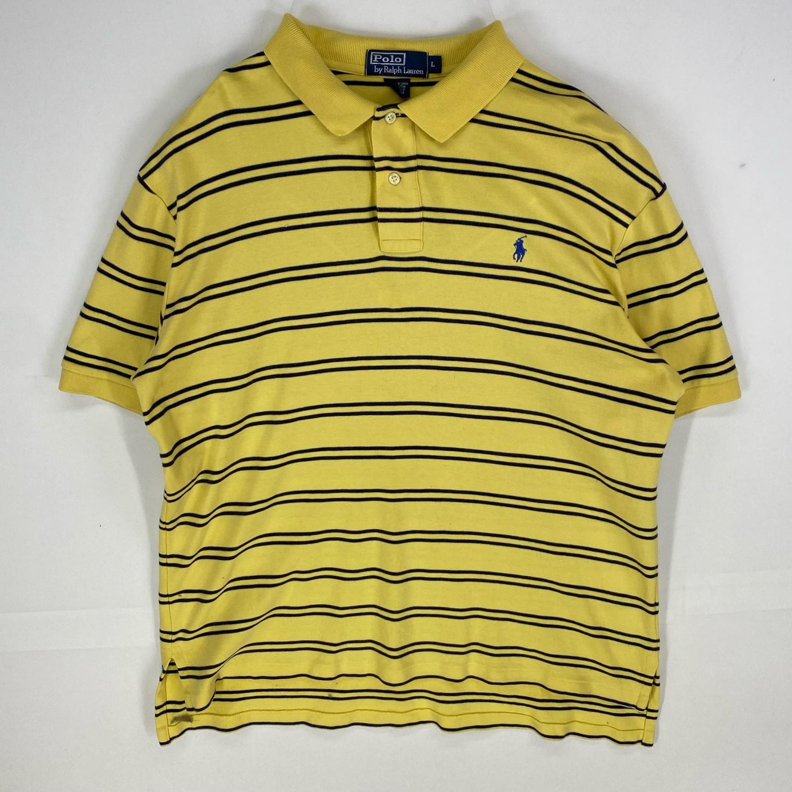 古着 ポロバイラルフローレン Polo by Ralph Lauren 半袖シャツ ワンポイント刺繍 ポロシャツ ロゴ L イエロー系 ボーダー メンズ