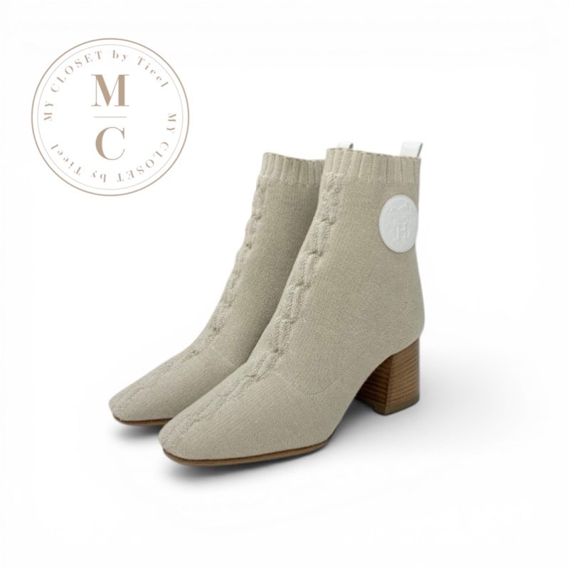 エルメス HERMES ヴォルヴェール ブーツ ショートブーツ 靴 シューズ ファブリック レザー ベージュ ホワイト ソックスブーツ エクスリブリス ニット