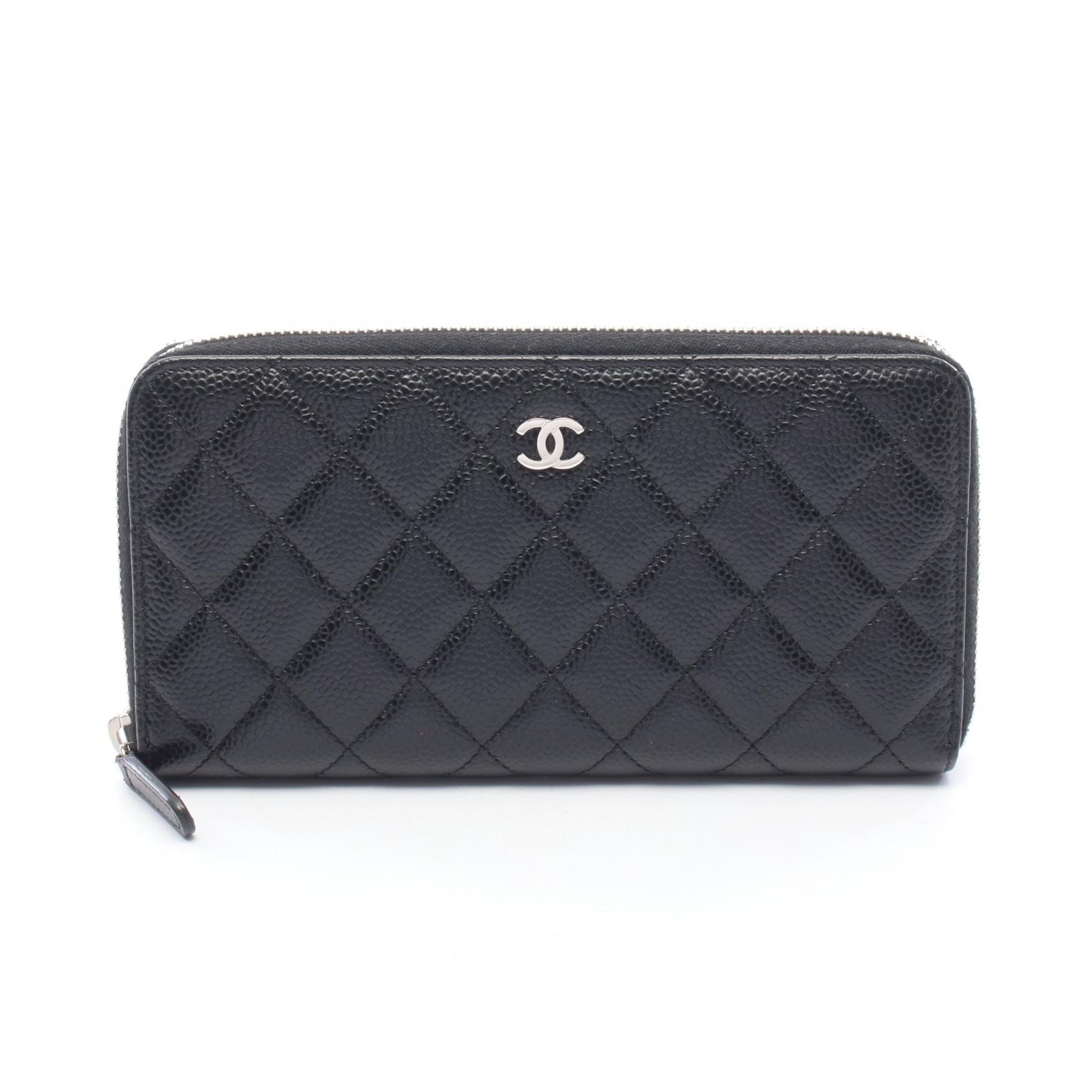 シャネル CHANEL クラシック ロング ジップ ウォレット マトラッセ ラウンド長財布 財布 カーフ(牛革) レディース ブラック系 【中古】