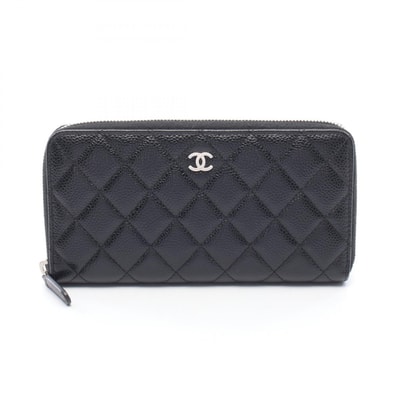 シャネル CHANEL クラシック ロング ジップ ウォレット マトラッセ ラウンド長財布 財布 カーフ(牛革) レディース ブラック系 【中古】