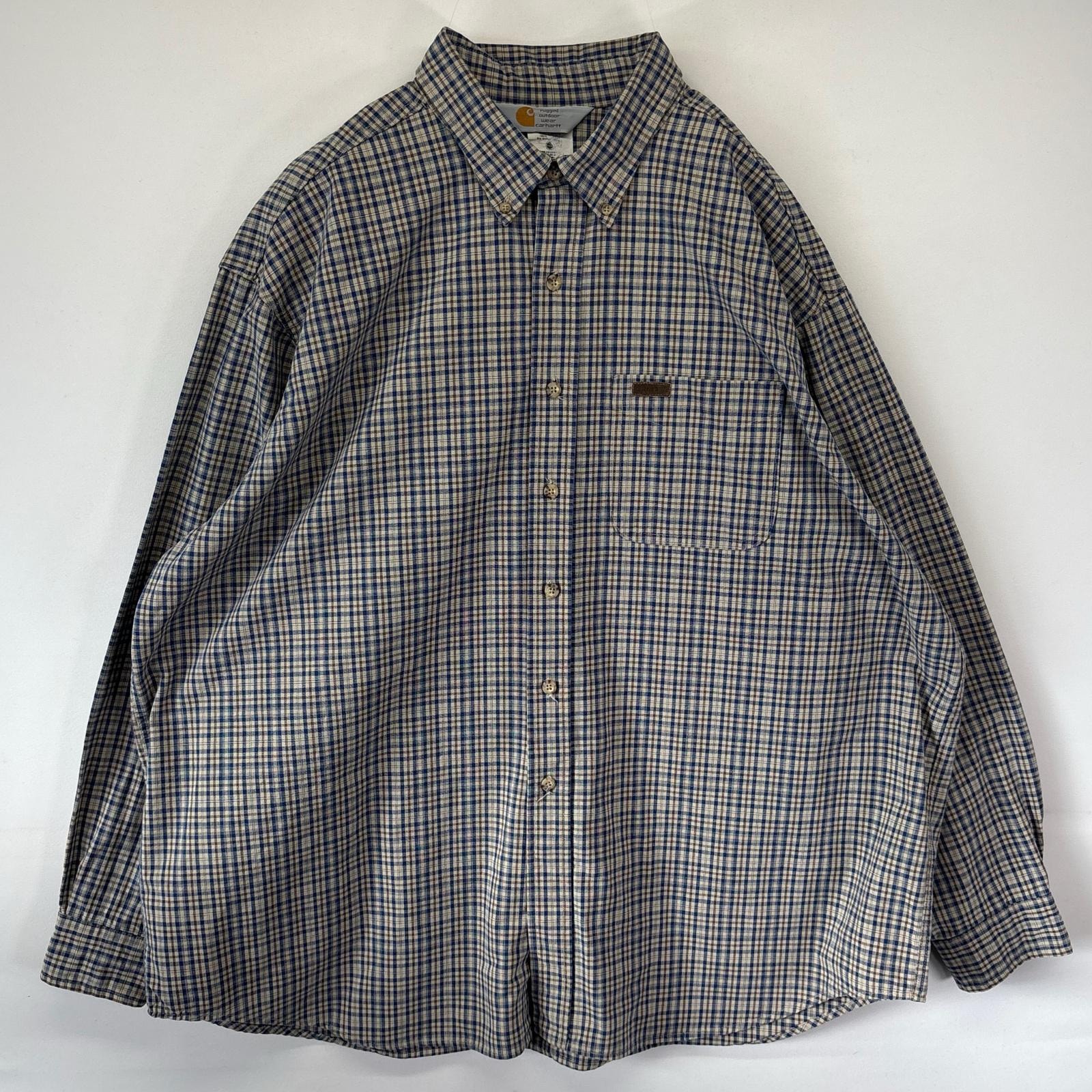古着 カーハート Carhartt USA製 長袖シャツ ボタンダウン チェック 大きいサイズ ワンポイントロゴ 2XL  ベージュ系 メンズ