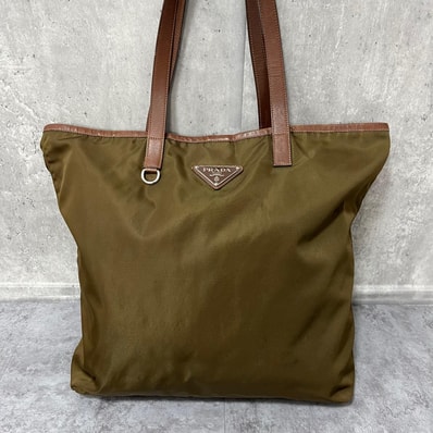 【PRADA】プラダ トートバッグ 三角ロゴ トライアングル ナイロン×レザー カーキ ブラウン 肩掛け 大容量 通勤 レディース ヴィンテージ