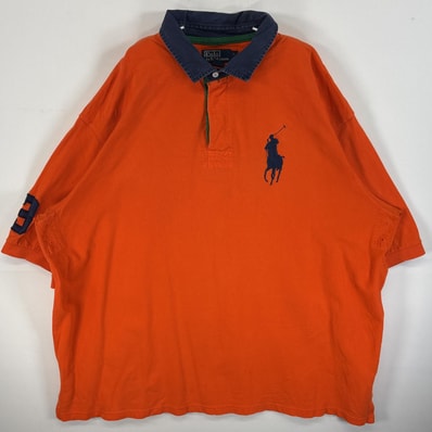 古着 90's/90年代 ポロバイラルフローレン Polo by Ralph Lauren 鹿の子 半袖 ラガーシャツ ビッグポニー 大きいサイズ ワッペン 3XL TALL オレンジ 無地 メンズ