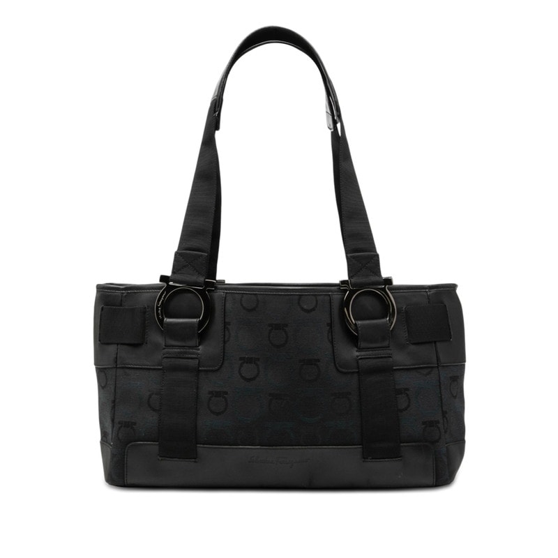 サルヴァトーレフェラガモ ガンチーニ トートバッグ ブラック ネイビー ブルー系 キャンバス レザー レディース Salvatore Ferragamo 【中古】