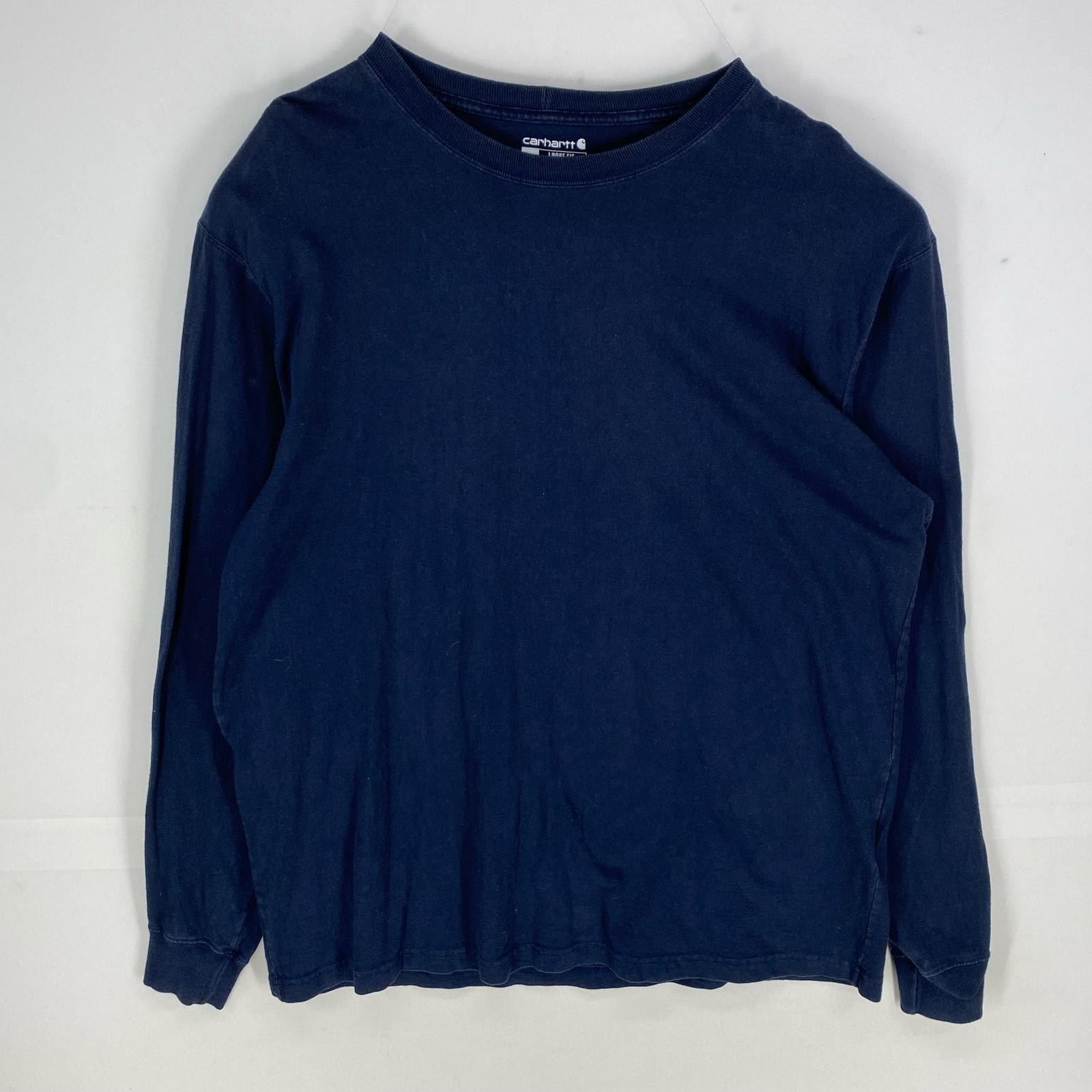 古着 カーハート Carhartt 長袖Tシャツ 袖ロゴプリント ロングスリーブ ロンT クルーネック L ネイビー系 無地 メンズ