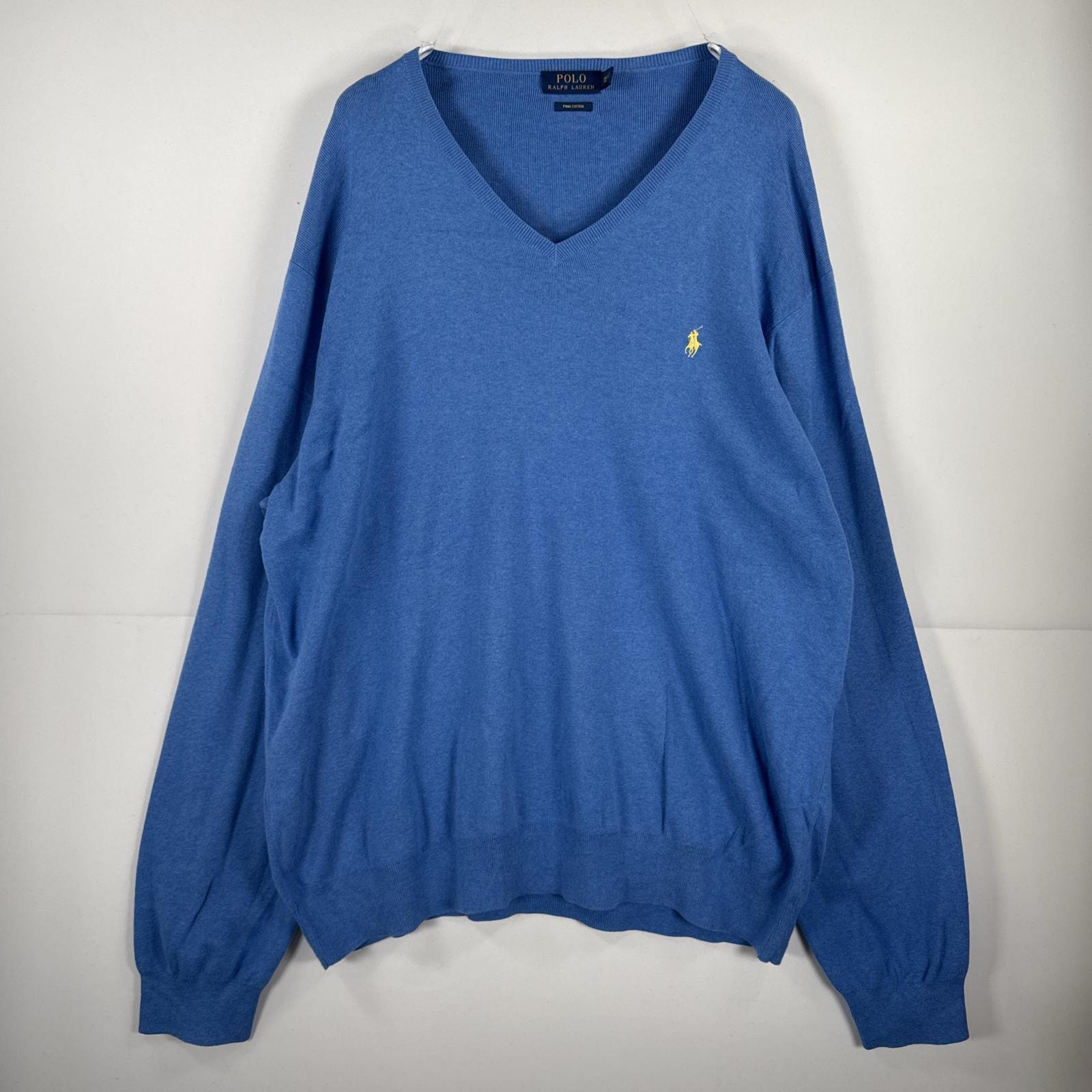古着 ポロ・ラルフローレン POLO RALPH LAUREN 長袖 ニット Vネック セーター 大きいサイズ ワンポイント 刺繍 3XLT  ブルー 無地 メンズ