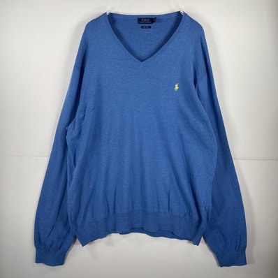 古着 ポロ・ラルフローレン POLO RALPH LAUREN 長袖 ニット Vネック セーター 大きいサイズ ワンポイント 刺繍 3XLT ブルー 無地 メンズ