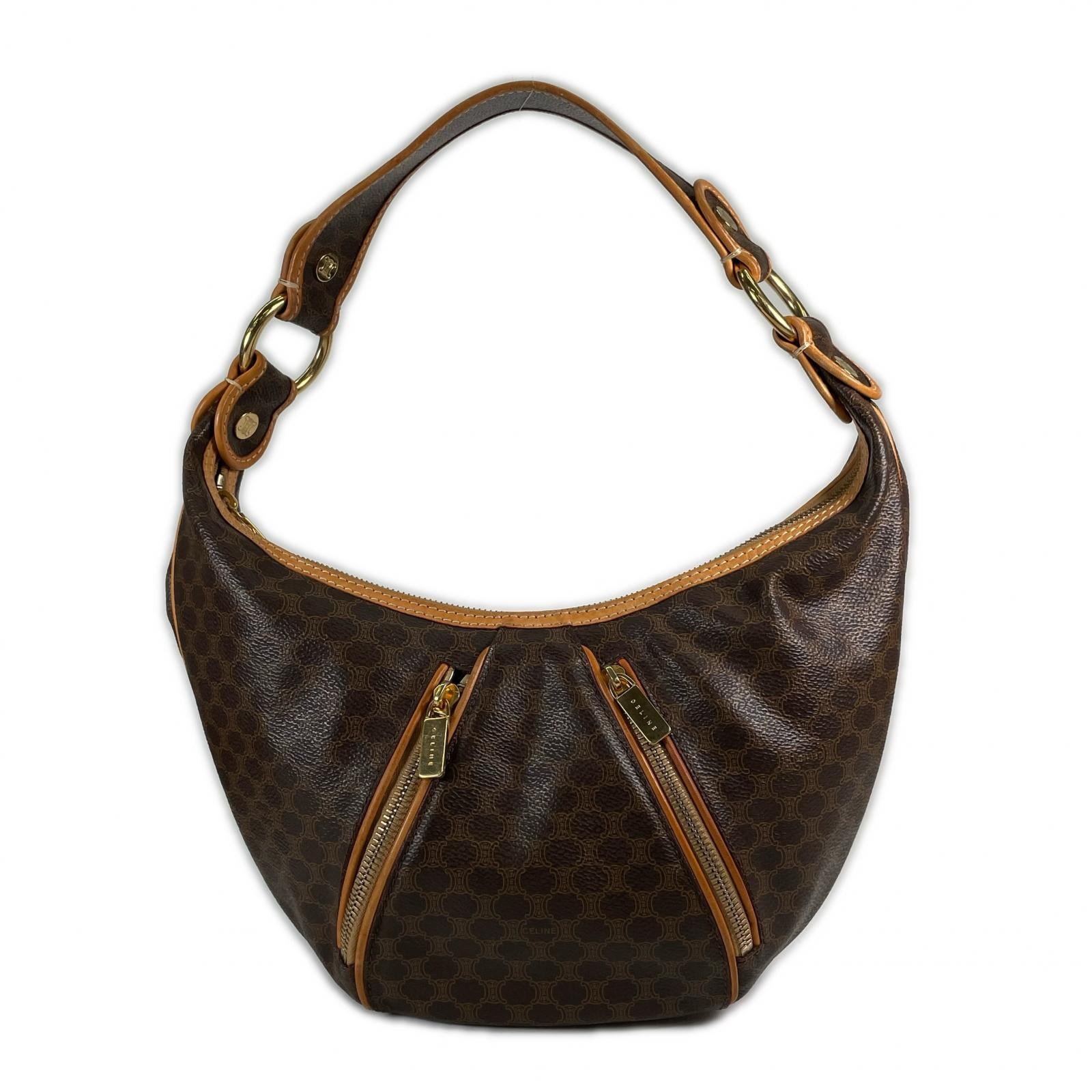 美品 CELINE セリーヌ マカダム ショルダーバッグ レザー ブラウン レディース【中古】