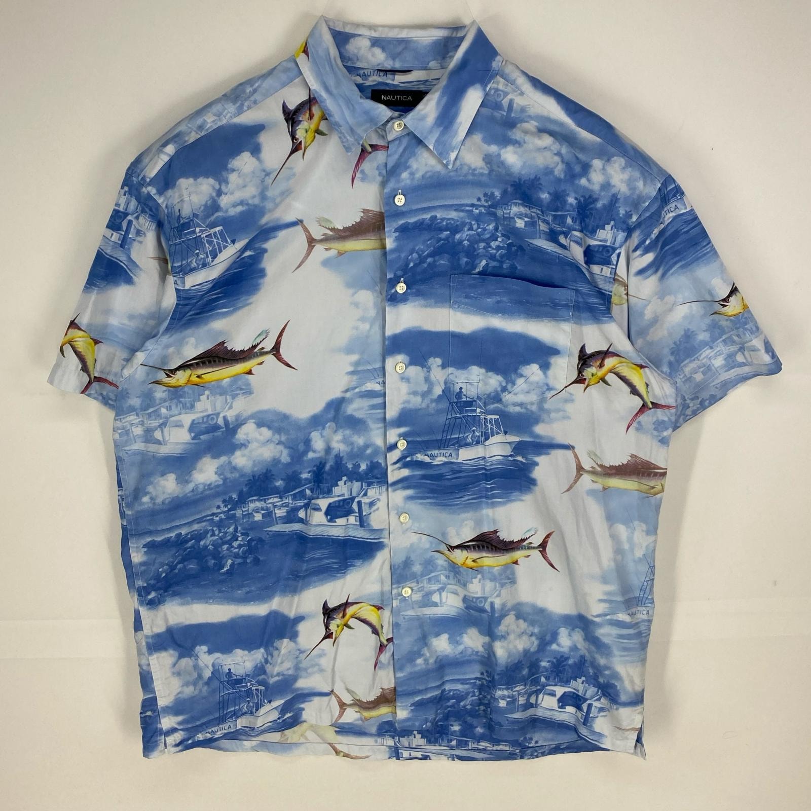 古着 ノーティカ NAUTICA 半袖シャツ 魚 ショートスリーブ 大きいサイズ 胸ポケット XL  ブルー系 総柄 メンズ