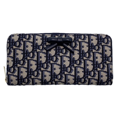 Dior ディオール Oblique Bow Voyageur オブリーク ボウ ボヤージュ スリムウォレット 長財布 S2501OUQY_M928 コットン カーフ テクニカル ファブリック ネイビー レディース【中古】