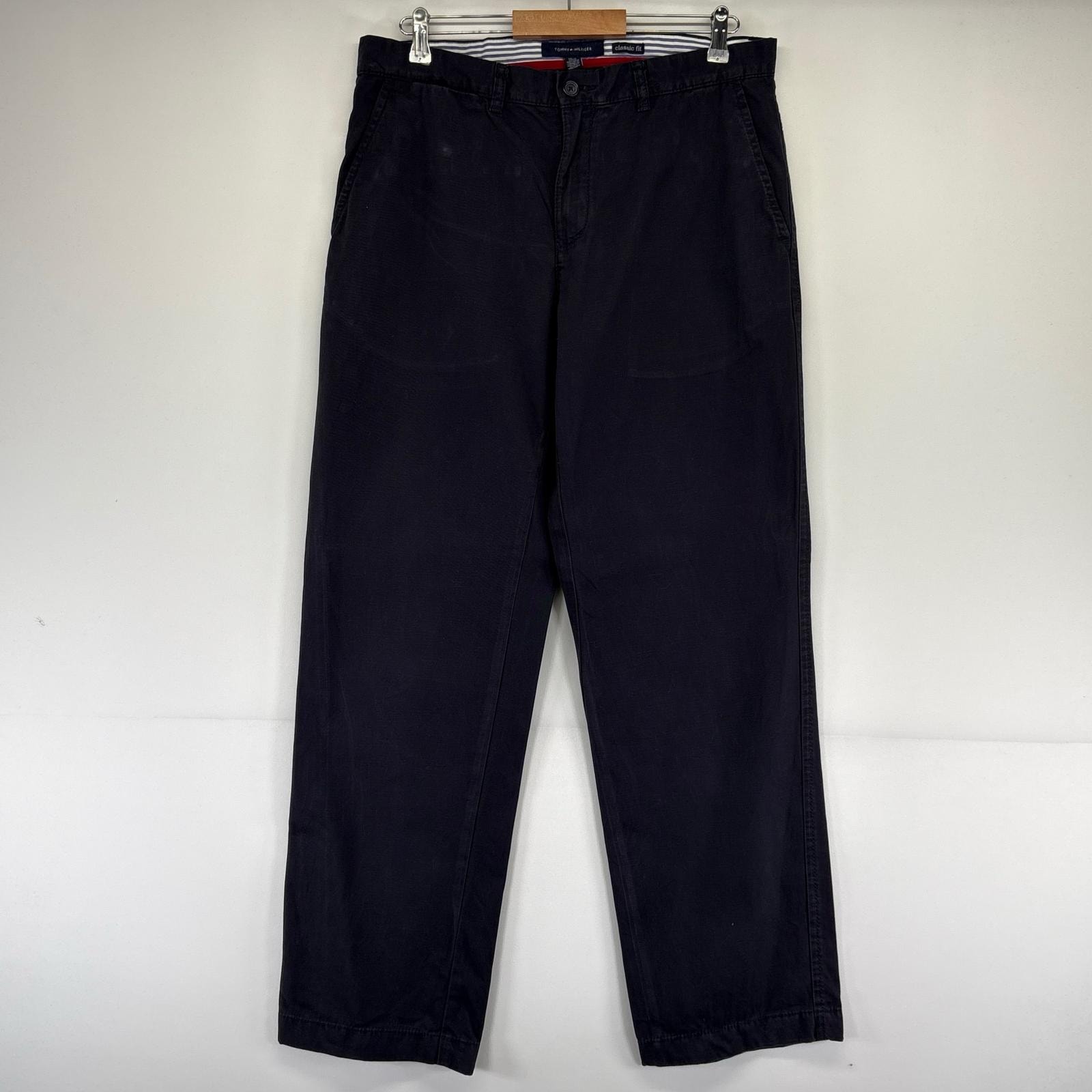 古着 トミーヒルフィガー TOMMY HILFIGER パンツ チノパン ワンポイントロゴ コットンパンツ ストレート W34×L32 ブラック系 メンズ