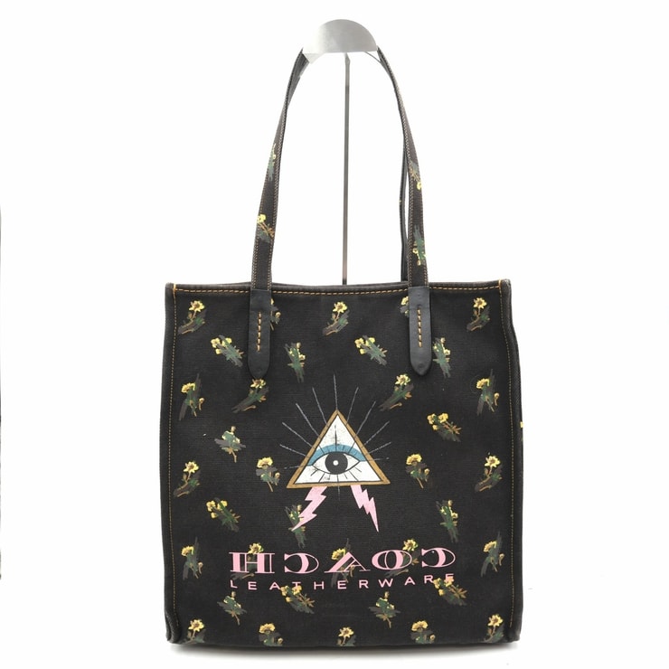 COACH(コーチ)ピラミッドアイ トートバッグ フローラル 花柄 アイモチーフ ブラック キャンバス レザー 47764 レディース【中古】