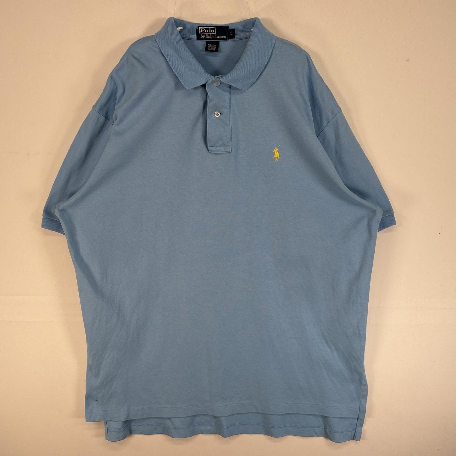 古着 90's/90年代 ポロバイラルフローレン Polo by Ralph Lauren 半袖 ポロシャツ ロゴ 刺繍 2ボタン L  水色 無地 メンズ