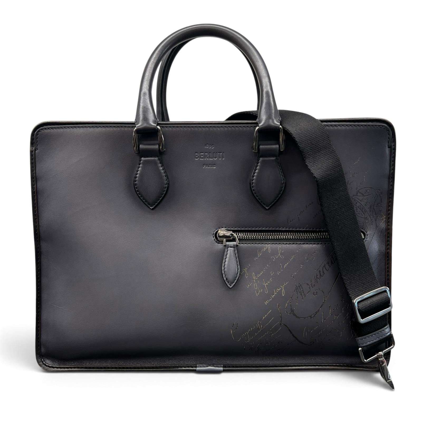 Berluti 美品 ベルルッティ アンジュール カリグラフィー ブリーフケース ビジネスバッグ ヴェネチア カーフレザー グレー メンズ ハンドバッグ ABランク 中古 鑑定済 ベルルッティバッグ