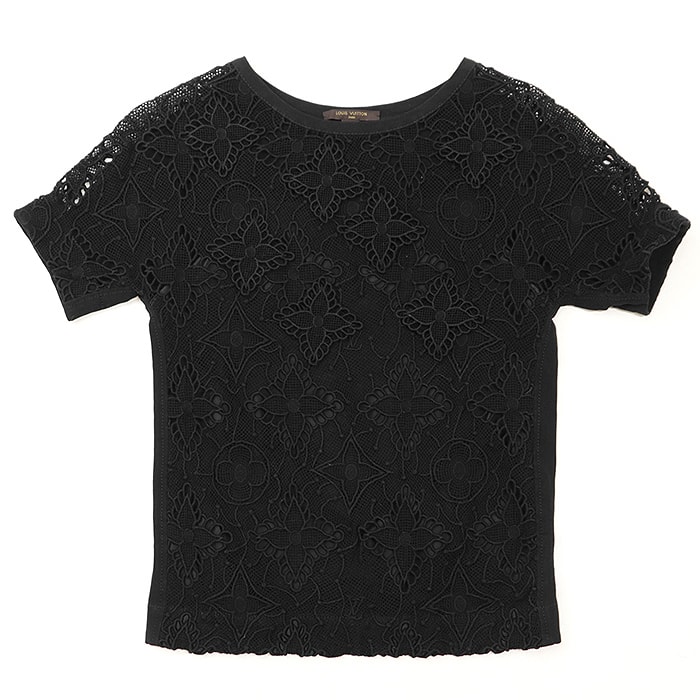 【美品】 ルイ・ヴィトン LVモノグラム レース デザイン カットソー レディース ブラック 34 LOUIS VUITTON