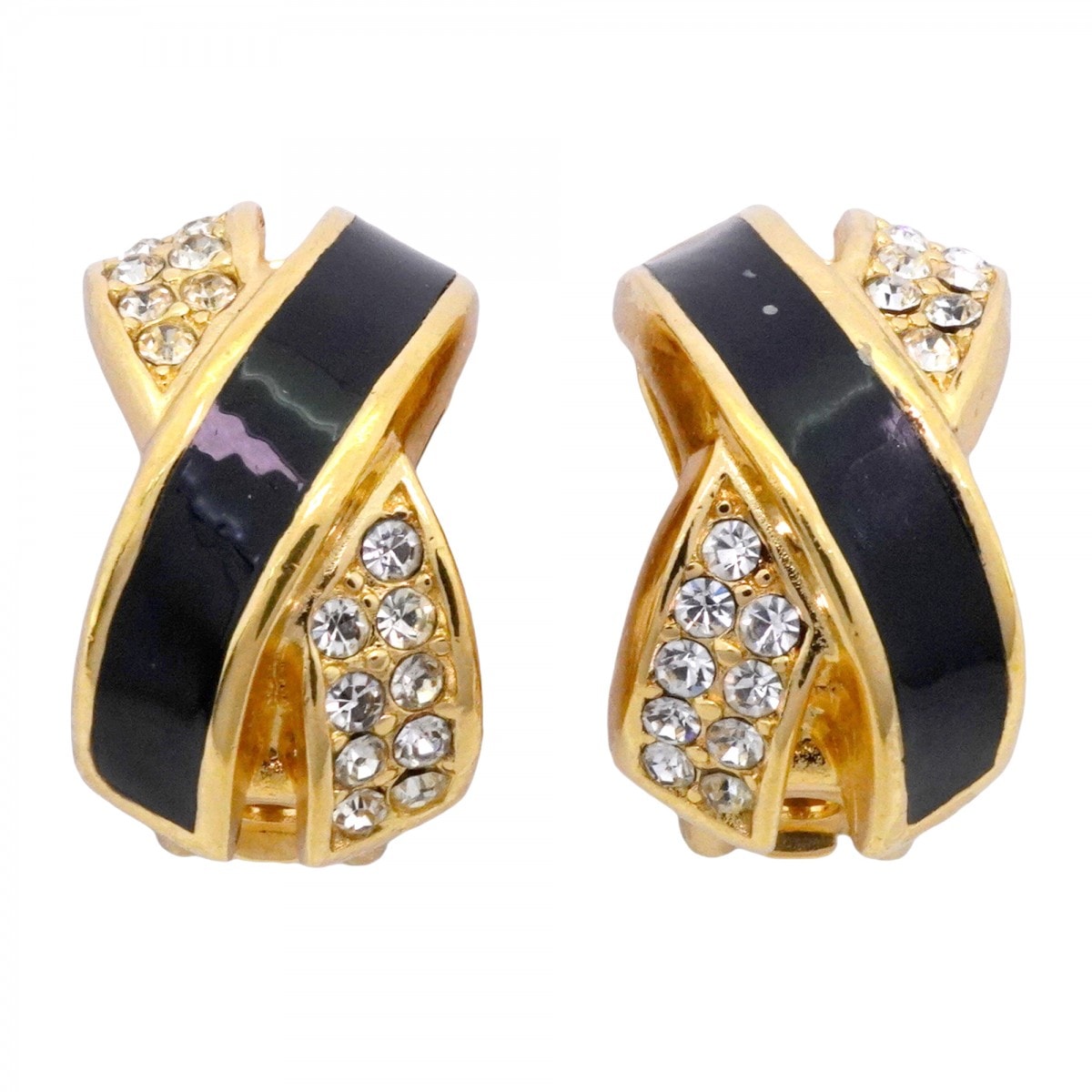 【6jcb1011-k】クリスチャンディオール イヤリング クロス GPメッキ ラインストーン ゴールド ブラック【中古】レディース