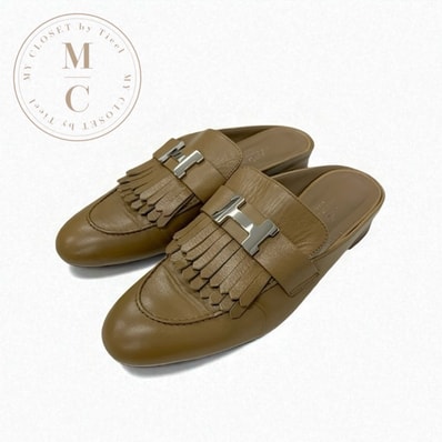 エルメス HERMES リヴォリ フラットシューズ 靴 シューズ レザー ベージュ シルバー ミュール コンスタンス フリンジ スリッパサンダル