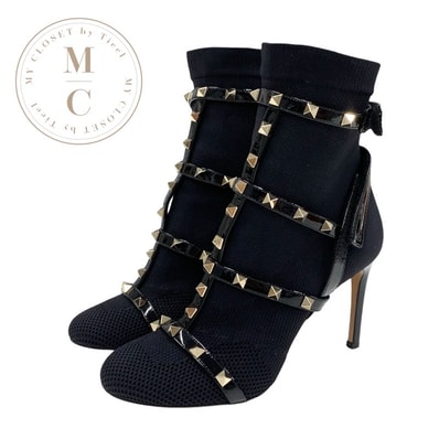 ヴァレンティノ VALENTINO ブーツ ショートブーツ 靴 シューズ ファブリック パテント ブラック 黒 ゴールド ロックスタッズ ニット