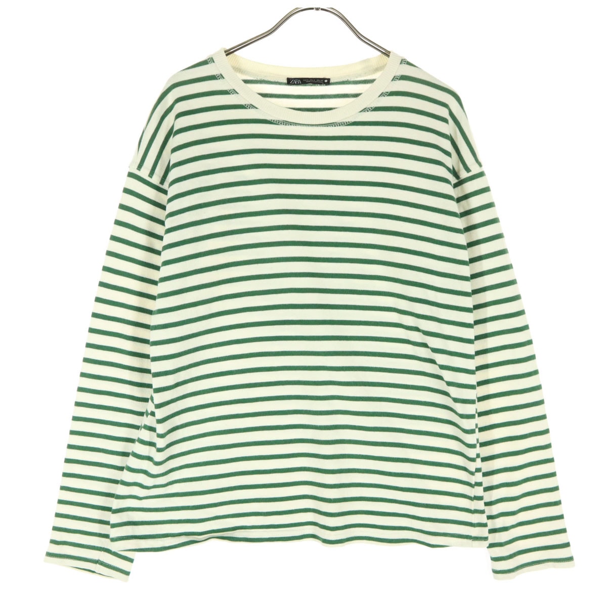美品 ZARA ザラ ボーダー柄 長袖 クルーネック カットソー S グリーン系