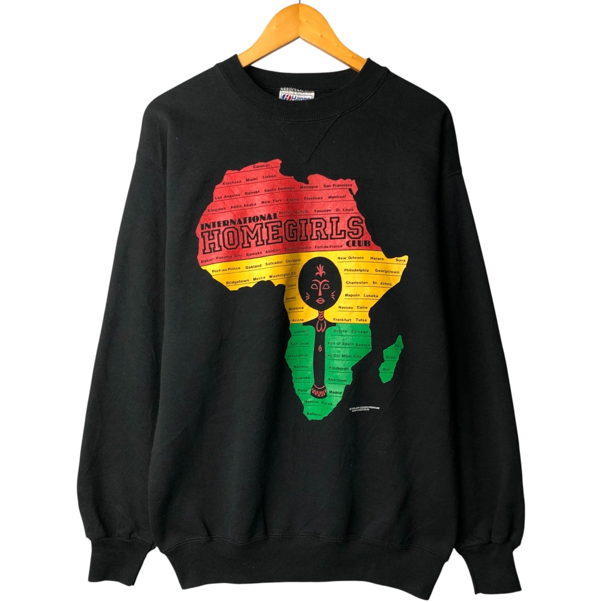 古着 90年代 ヘインズ Hanes CLASSICS INTERNATIONAL HOMEGIRLS CLUB ラスタカラー アフリカン プリントスウェットシャツ トレーナー USA製 メンズL相当 ヴィンテージ/eaa597964