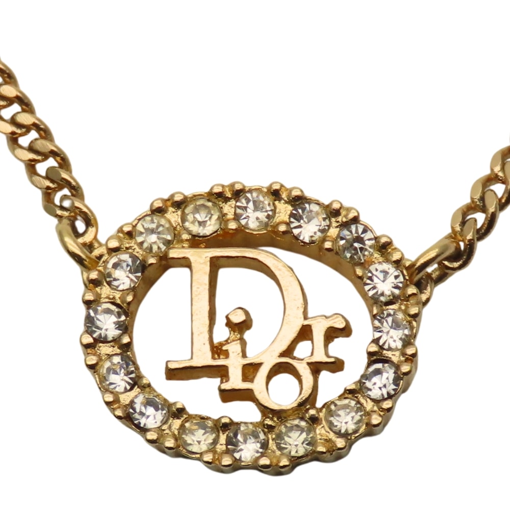 【中古】 クリスチャンディオール ネックレス ロゴ メタル ラインストーン ゴールド メッキ GP アクセサリー レディース 女性 Christian Dior