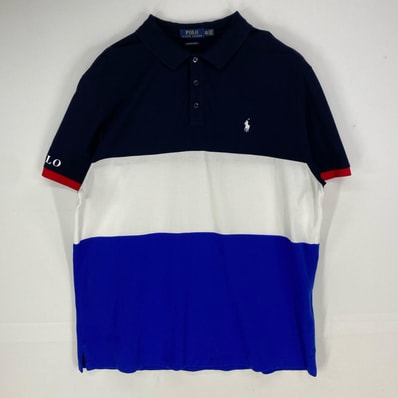 古着 ポロ・ラルフローレン POLO RALPH LAUREN 鹿の子 半袖シャツ ワンポイント 袖ロゴ ポロシャツ 2XL ブラック系 ボーダー メンズ