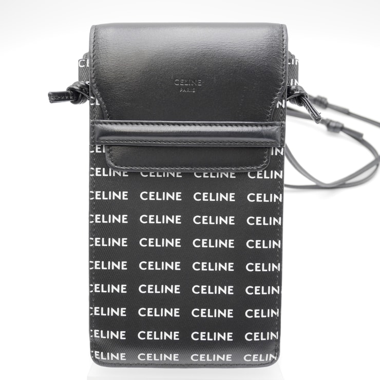 CELINE(セリーヌ)フォンポーチ ロゴプリント ショルダーバッグ スマホポーチ ブラック ホワイト レザー レディース【中古】