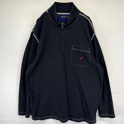 古着 ノーティカ NAUTICA 長袖Tシャツ ハーフジップ 大きいサイズ ワンポイントロゴ 胸ポケット 2XL ブラック メンズ