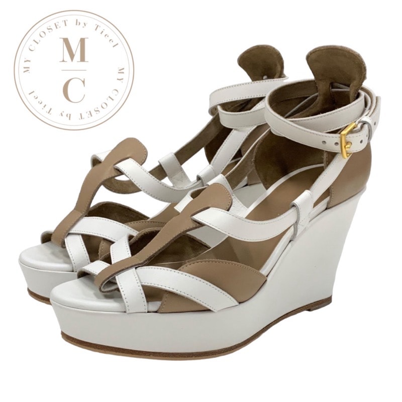 エルメス HERMES サンダル 靴 シューズ レザー ホワイト ブラウン ウェッジソール ストラップ