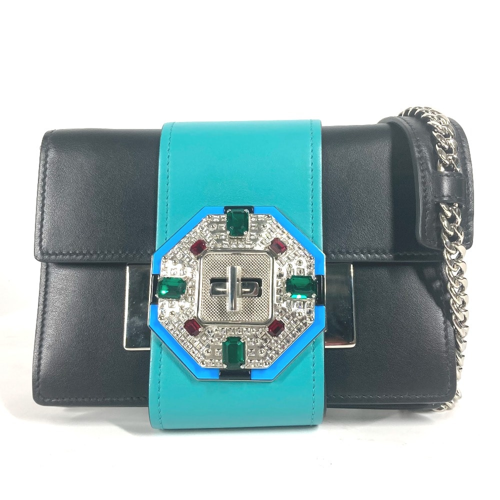 プラダ PRADA クリスタル ラインストーン 1BD067 2WAYバッグ チェーン カバン 斜め掛け ポシェット クラッチバッグ ショルダーバッグ レザー ブラック