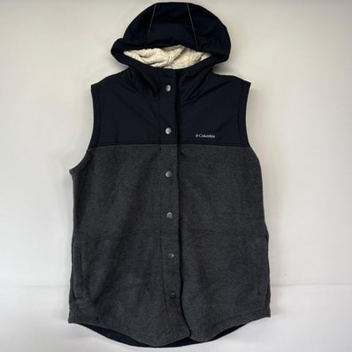 古着 コロンビア Columbia ベスト アウトドア ワンポイントロゴ刺繍 フード フリース ナイロン切り替え XL ブラック レディース