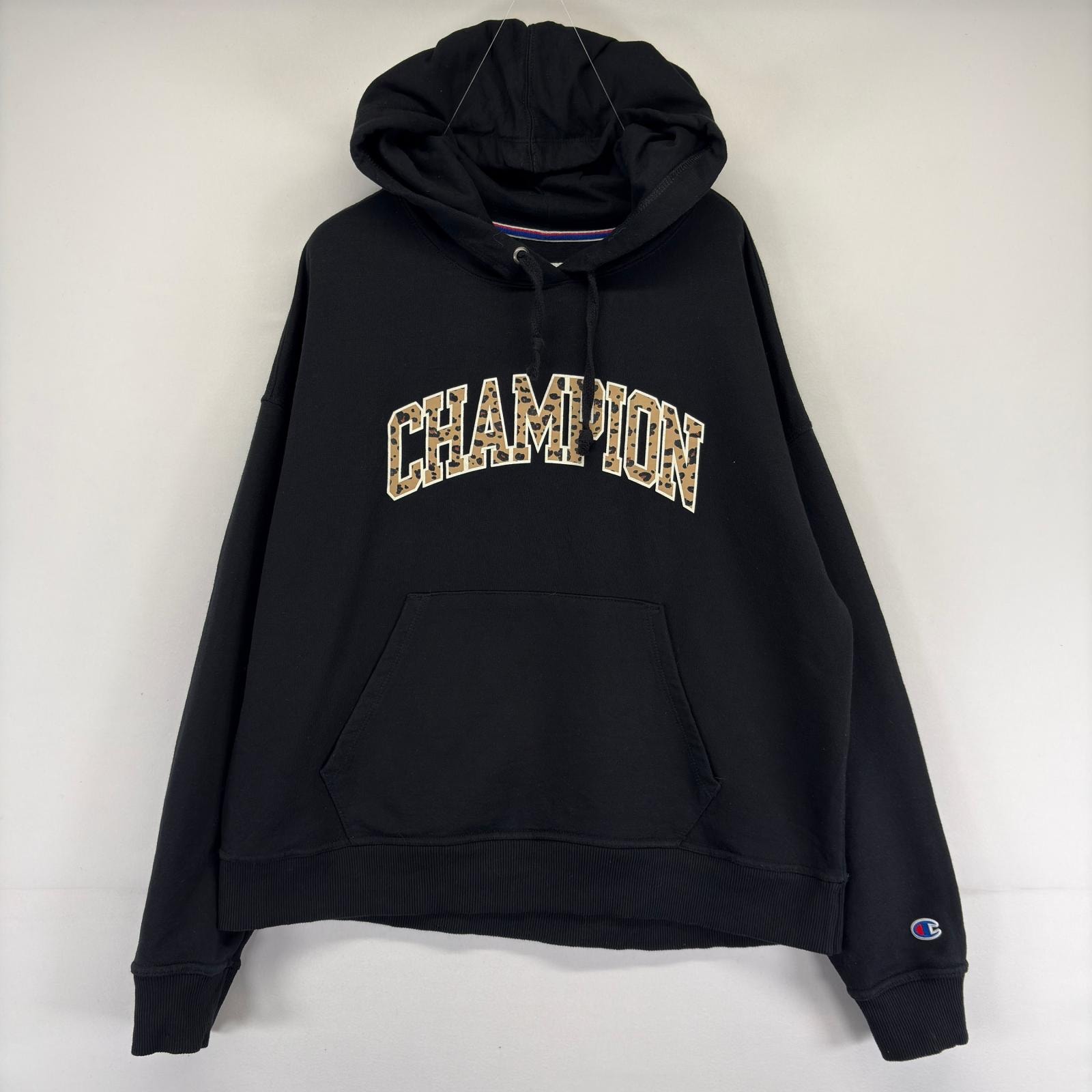 古着 チャンピオン Champion パーカー スウェット フーディ 豹柄 ビッグ ロゴプリント L  ブラック系 メンズ