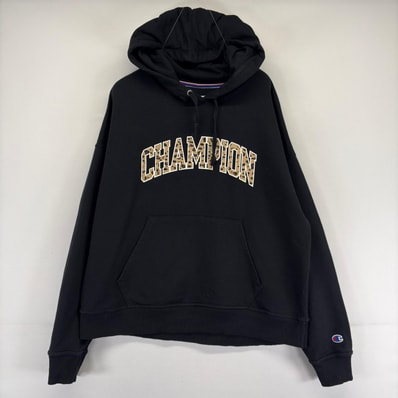 古着 チャンピオン Champion パーカー スウェット フーディ 豹柄 ビッグ ロゴプリント L ブラック系 メンズ
