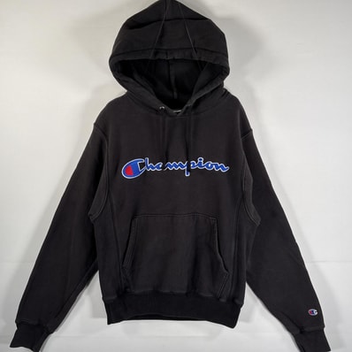 古着 チャンピオン Champion パーカー リバースウィーブ 復刻 ブランドロゴワッペン ヘビーウェイト SMALL(JPN L) ブラック メンズ