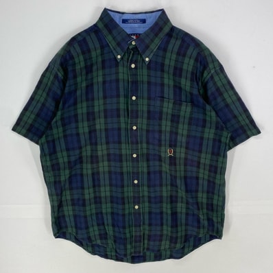 古着 90's/90年代 トミーヒルフィガー TOMMY HILFIGER 半袖シャツ 胸ポケット ショートスリーブ XL グリーン系 チェック メンズ